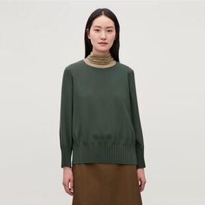 COS Pleated Hem Cocoon Long Sleeve Blouse Top, Green, 38, Medium